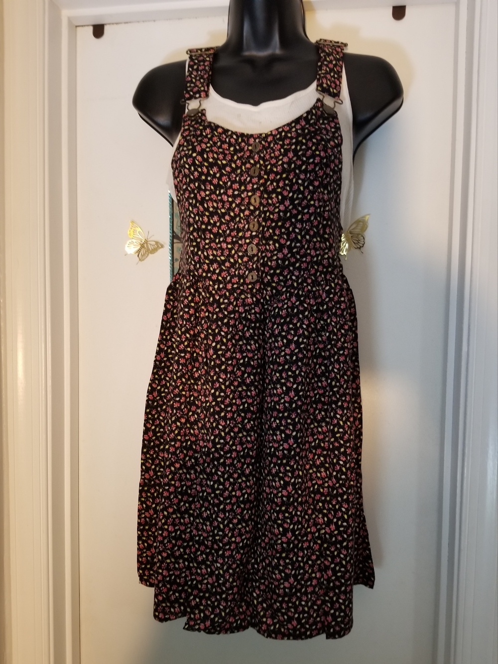 Pre-loved Xhilaration Black Pinafore Dress with Pink and Green Floral Print
